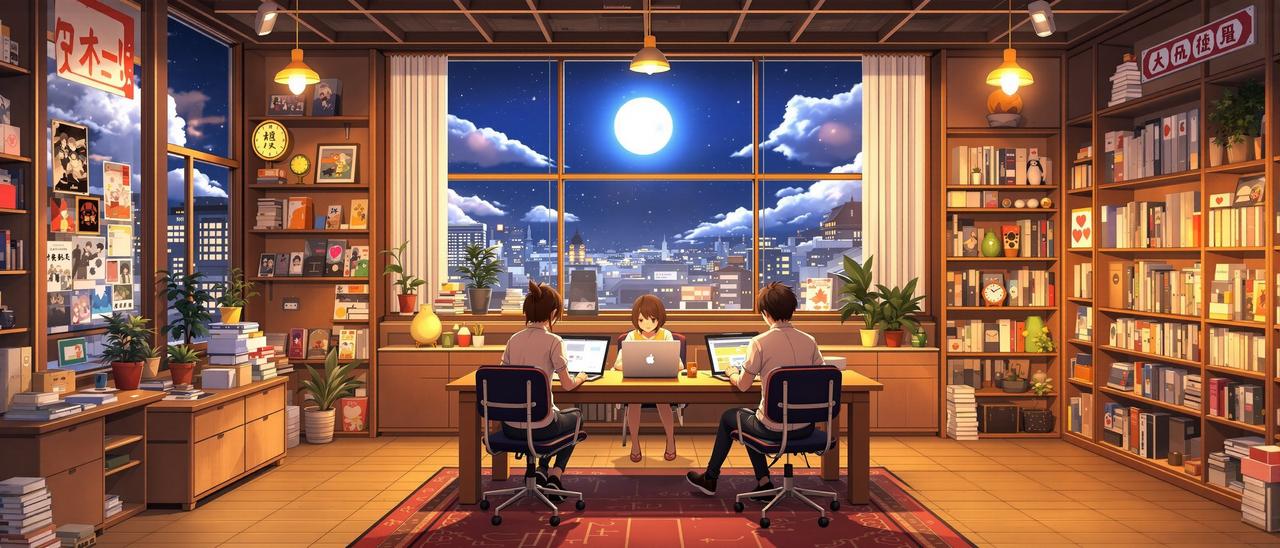 age动漫官方网站团队工作场景 - 月光下的动漫编辑部，充满番剧海报与温暖灯光